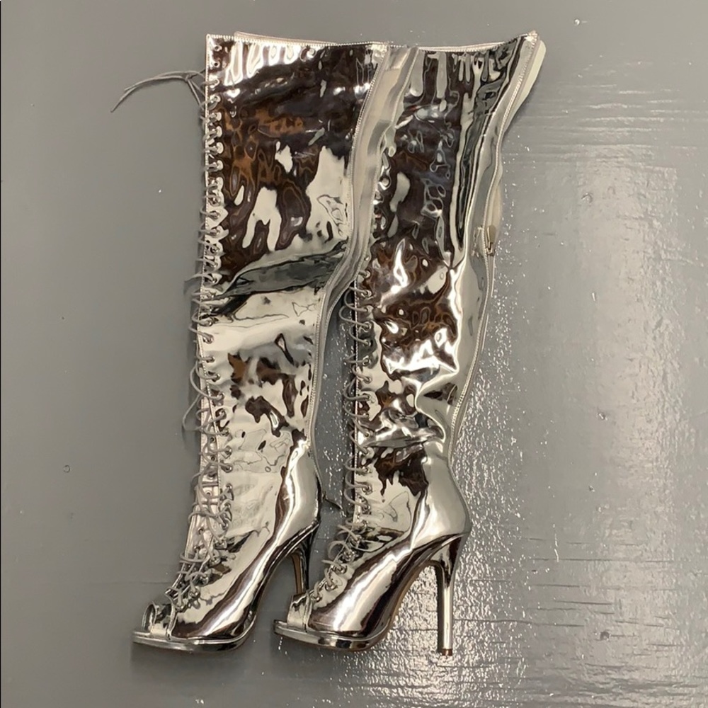 Silver Lace Up Thigh High Boots